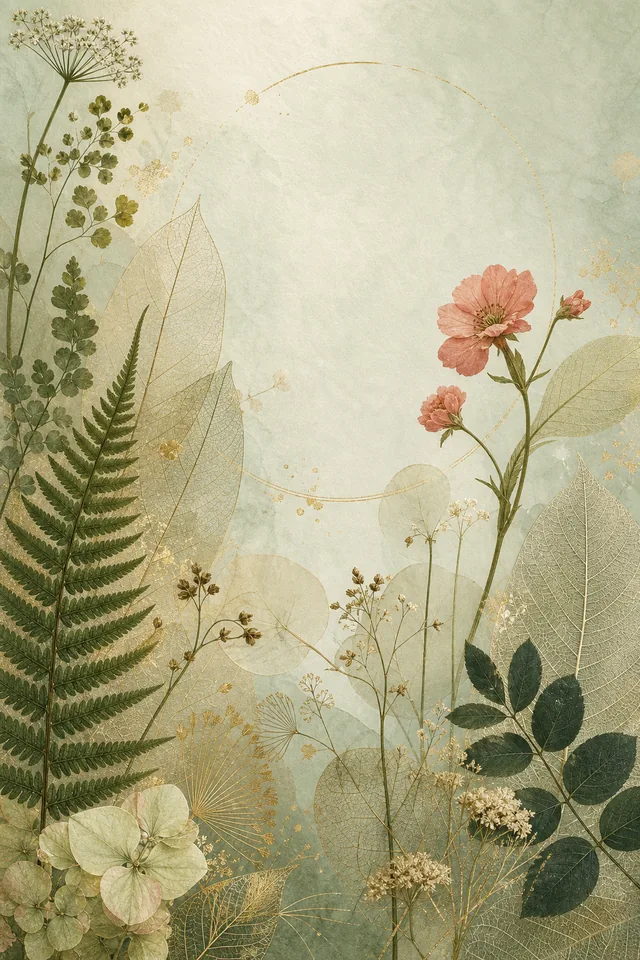 Pressed botanical cover artwork with ferns, flowers, translucent leaves, and gold linework