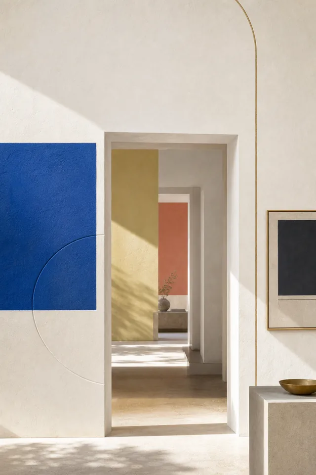 Sunlit modernist rooms cover artwork in chalk, cobalt, coral, and muted gold