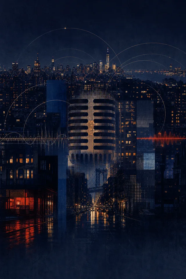 Midnight city cover artwork with amber windows, radio waves, and microphone texture