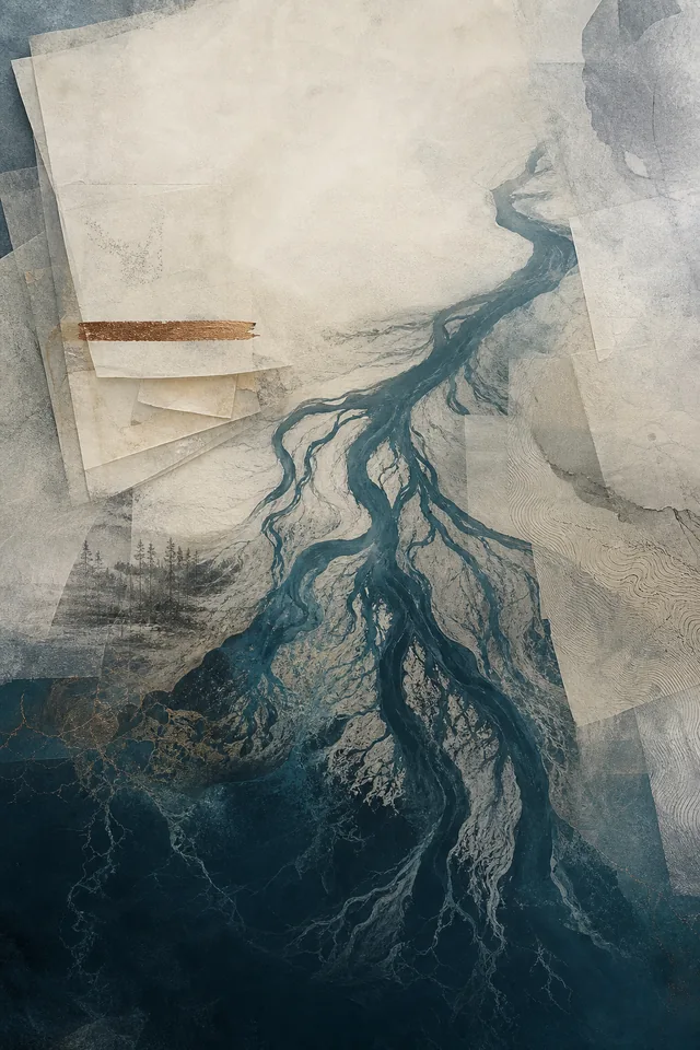 Layered river-delta and archival-paper cover artwork in ink blue and aged ivory
