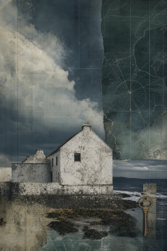 Storm-dark coastal house cover artwork layered with ledger lines and an antique key