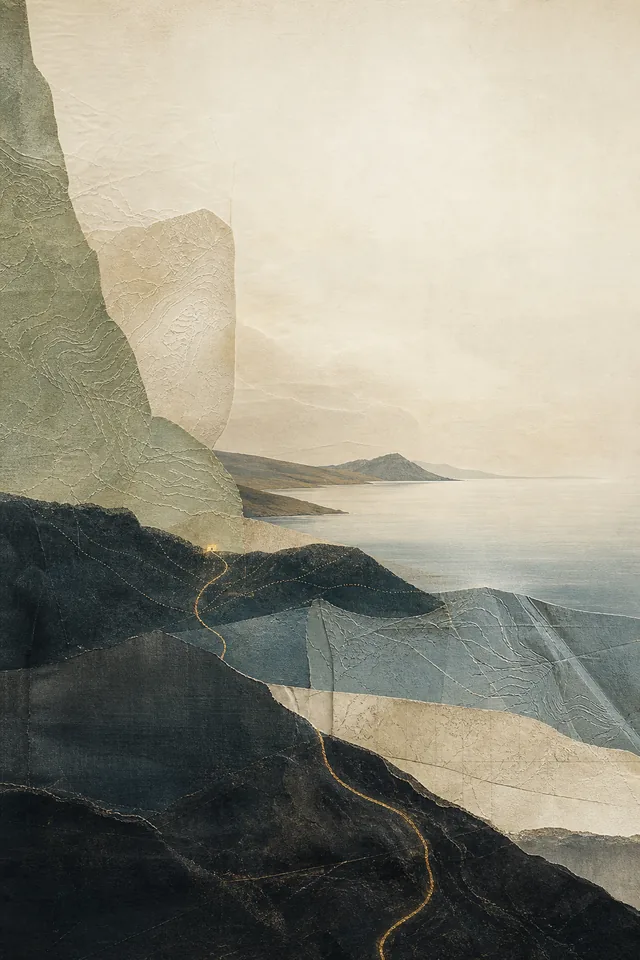 Folded-map landscape cover artwork with a fine gold route returning to the coast
