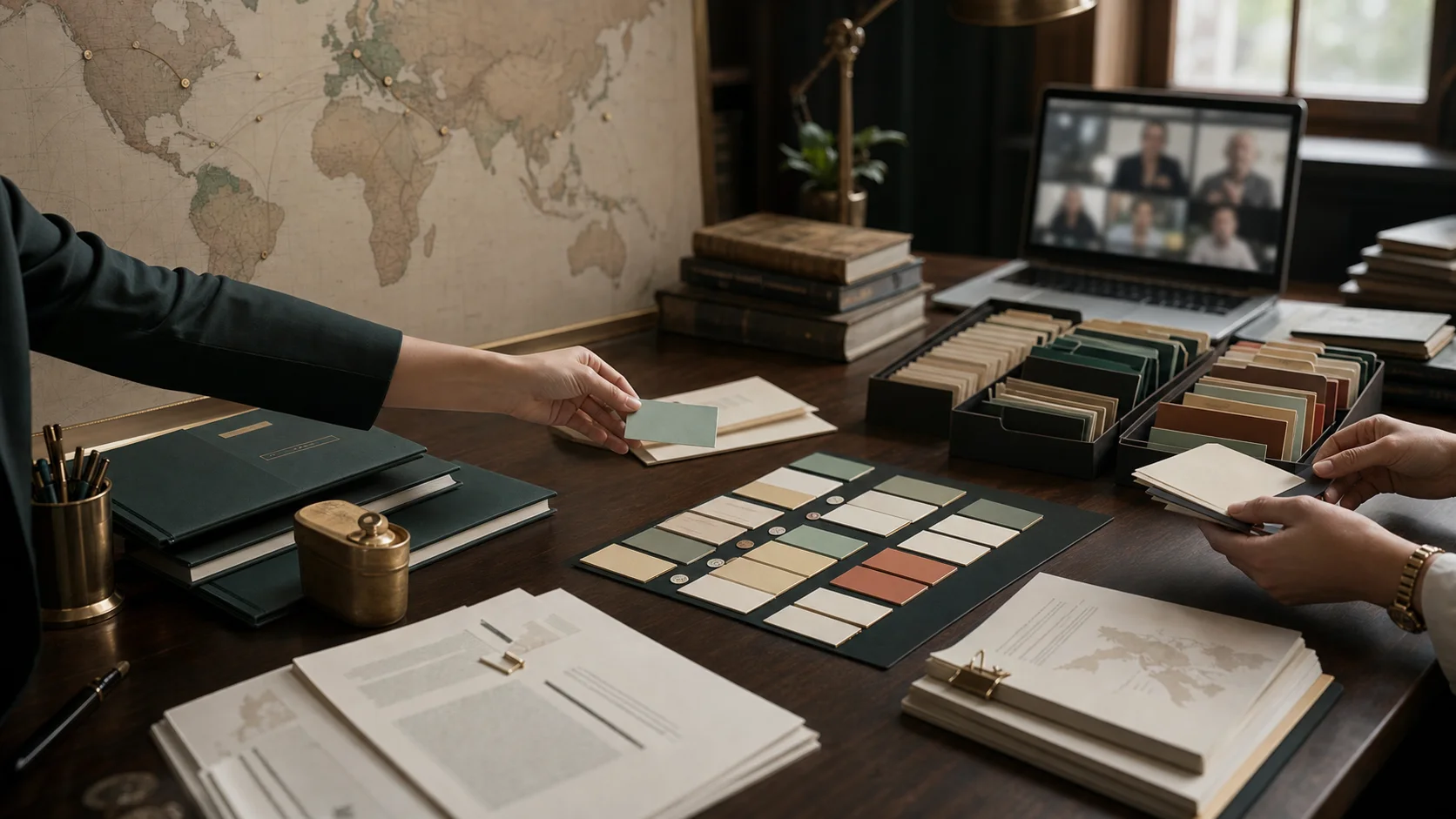 Global language-market planning table with territory folders and coordination materials