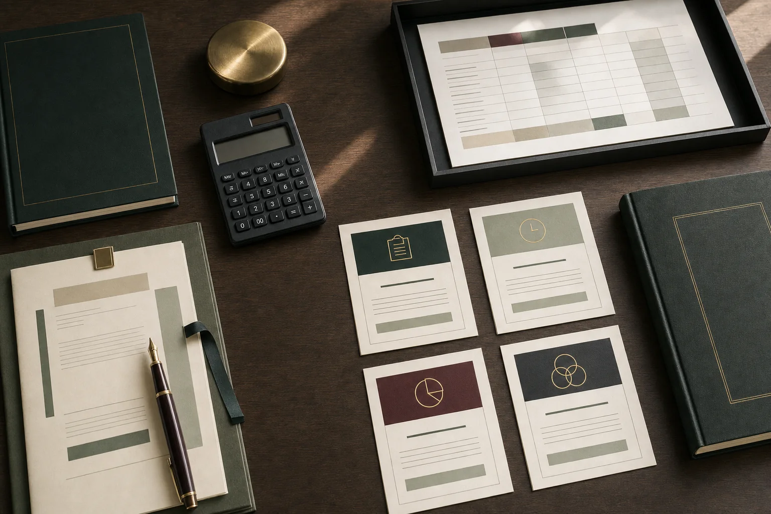Publishing partnership economics desk with contract models, calculator, reporting schedule, and rights ledger