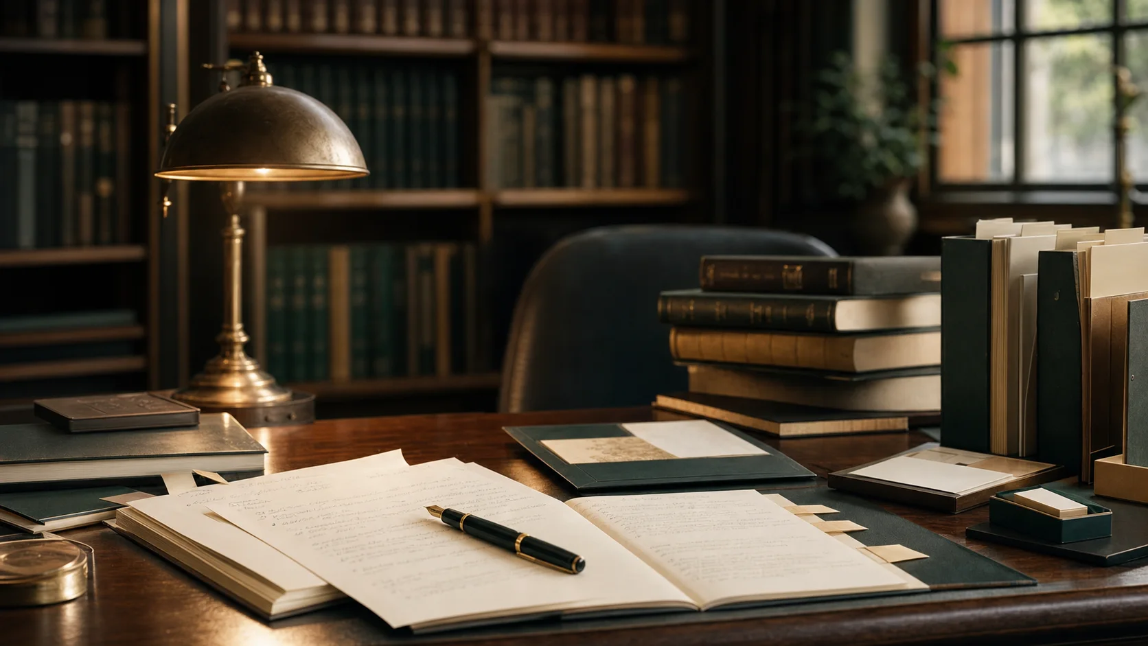 Rights-house reading room with editorial notes, books, and journal drafts