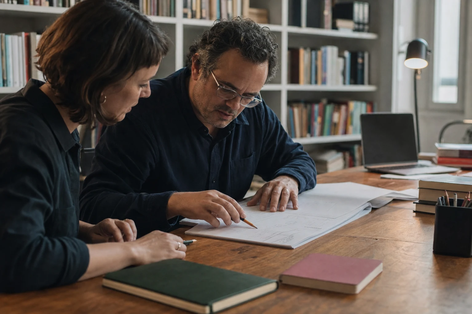 Author and publishing editor reviewing a manuscript and production notes together