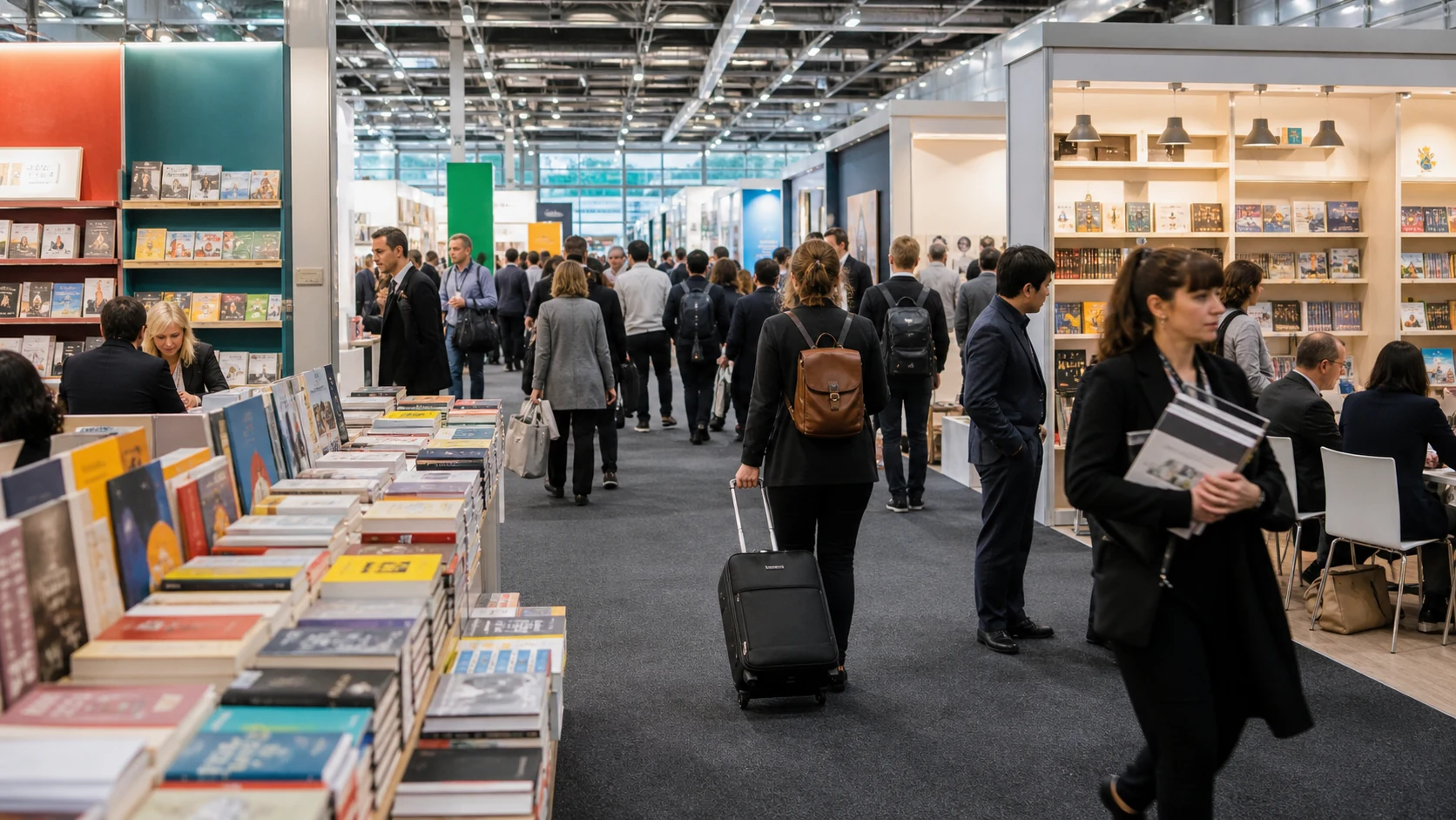 Busy international book fair aisle with publishers, agents, visitors, and book displays