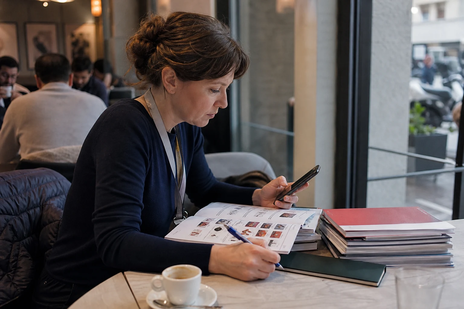Rights professional annotating a catalog and contact note the morning after a book fair