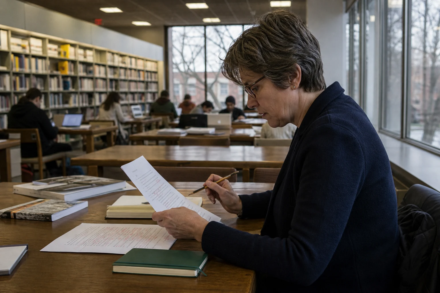 Publishing editor marking a proof in a working public research library