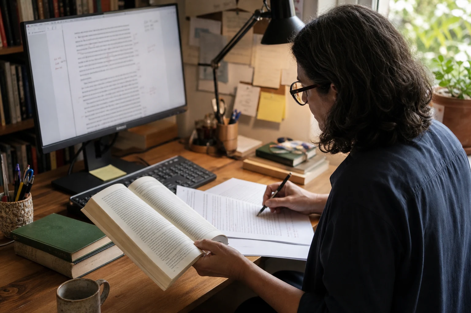 Localization editor working through a manuscript in a professional publishing workspace