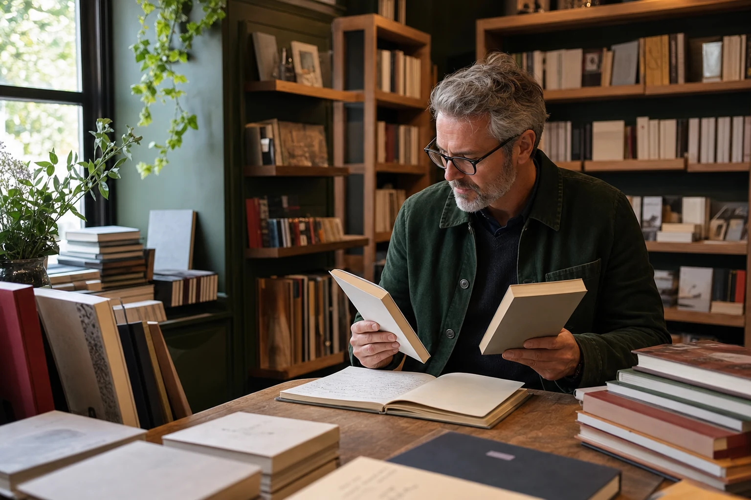 Publishing editor comparing unbranded books during a market research review