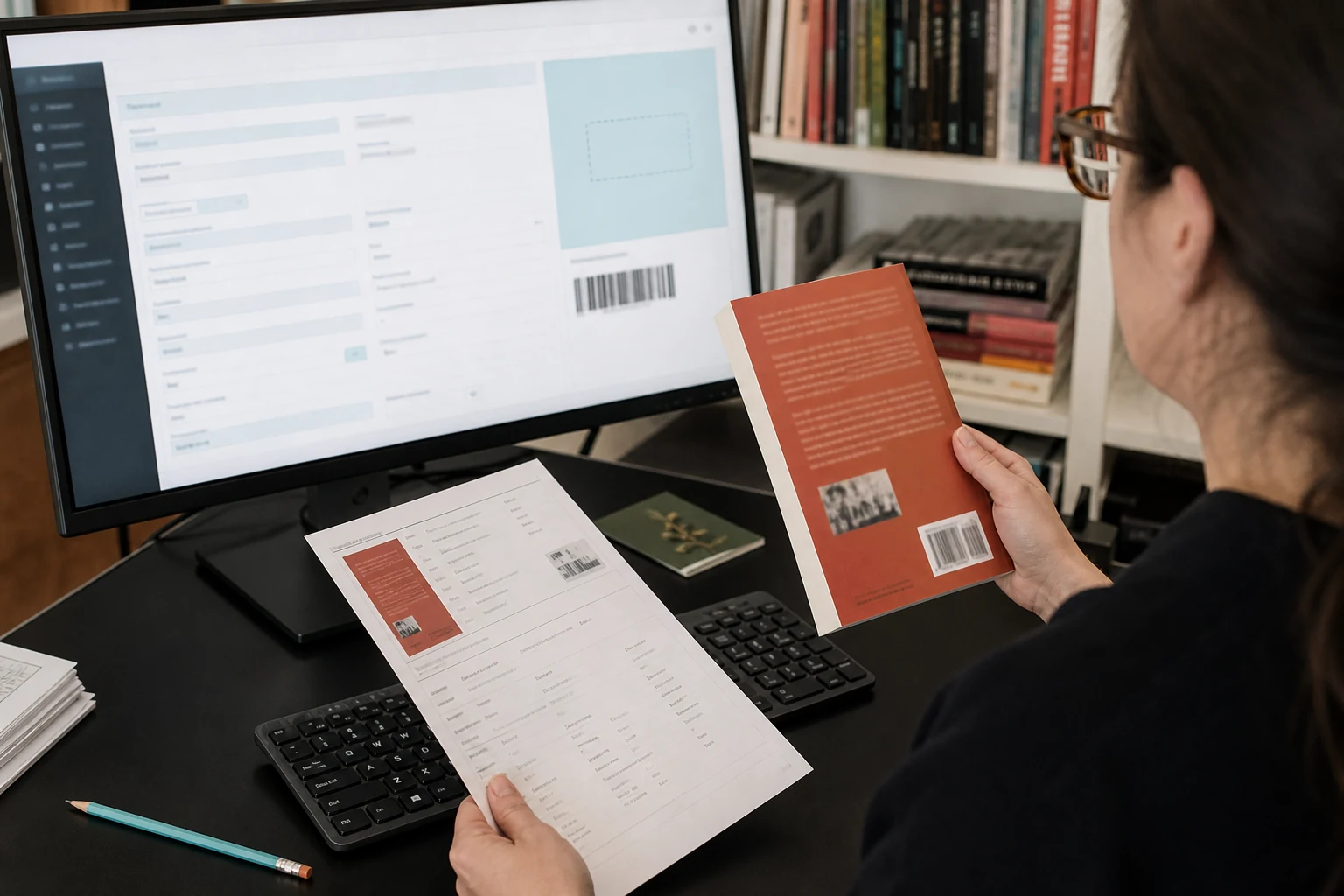 Production editor checking a finished paperback against its catalog metadata record