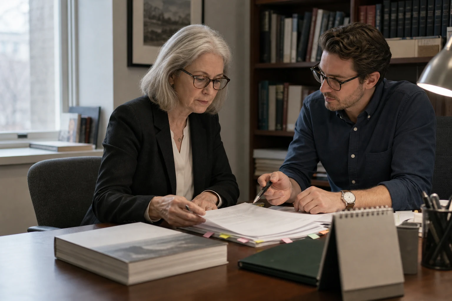 Rights professionals reviewing a publishing agreement and edition materials